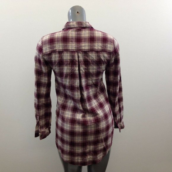 Garage Tunic Fit Button Up Shirt Women's Size Small Burgundy Beige Plaid - Picture 3 of 6